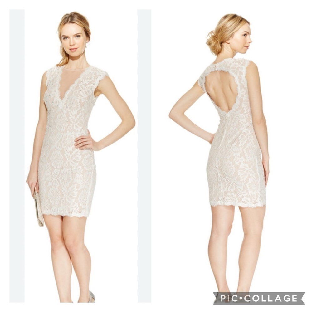 BETSY & ADAM | Sheath White Floral Lace Illusion Mini‎ Dress Embellished Size 8